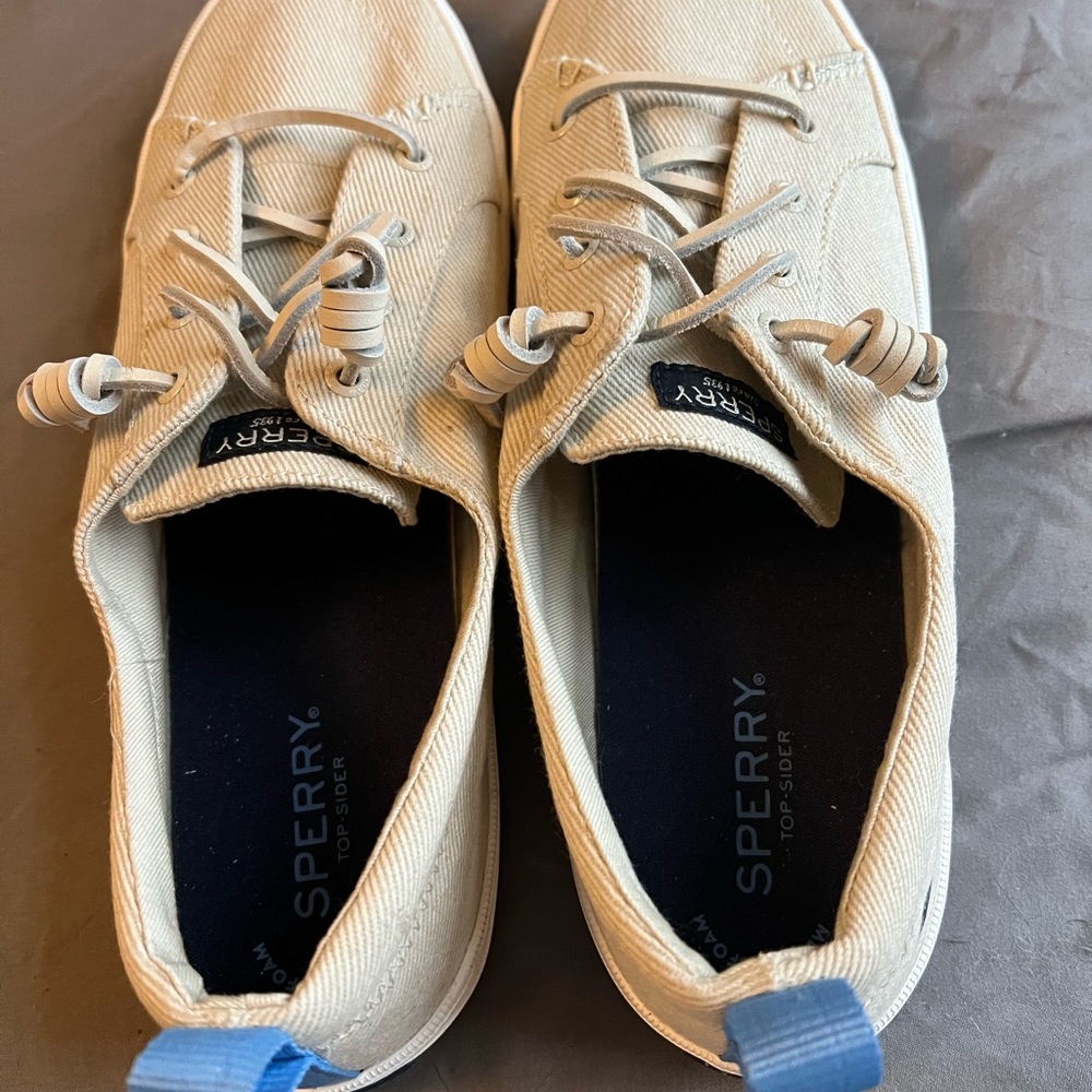 Sperry, slip-on canvas shoes. Light tan color. Only worn once to try on.